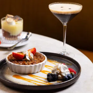 Dessert plate with mousse and berries.