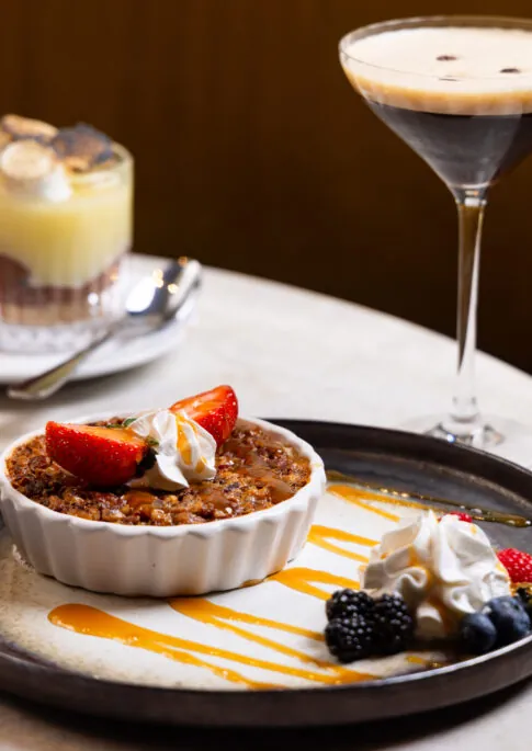 Dessert plate with mousse and berries.