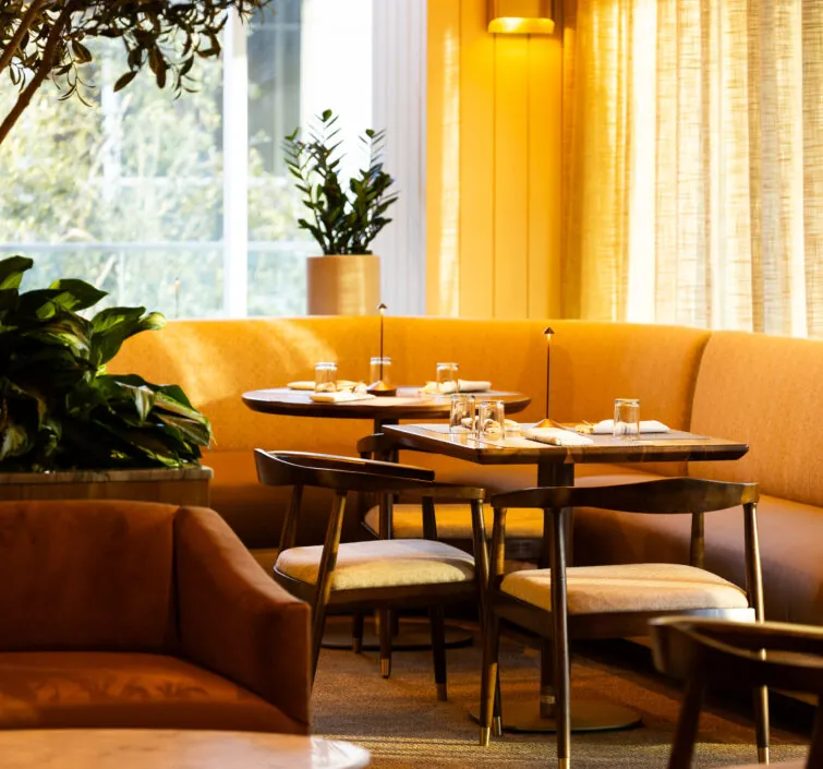 Indoor area with a wooden table, yellow couch and potted plants.
